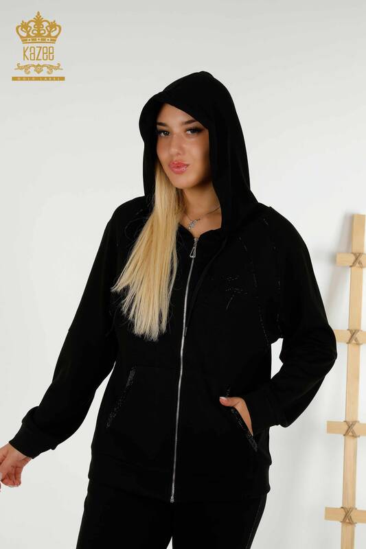 Wholesale Women's Tracksuit Set Hooded Black - 20415 | KAZEE