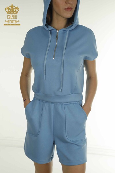 Wholesale Women's Tracksuit Set Hooded Blue - 17704 | KAZEE - 4