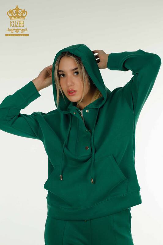 Wholesale Women's Tracksuit Set Hooded with Pockets Green - 17627 | KAZEE