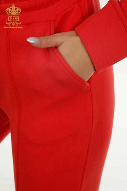 Wholesale Women's Tracksuit Set Red with Hooded Pocket - 17627 | KAZEE