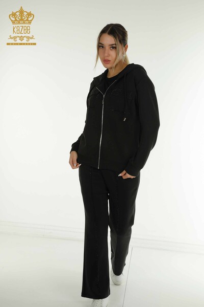 Wholesale Women's Tracksuit Set Hooded Zippered Black - 17618 | KAZEE
