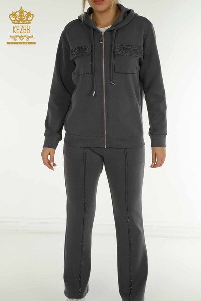 Wholesale Women's Tracksuit Set Hooded Zipper Gray - 17618 | KAZEE - Thumbnail
