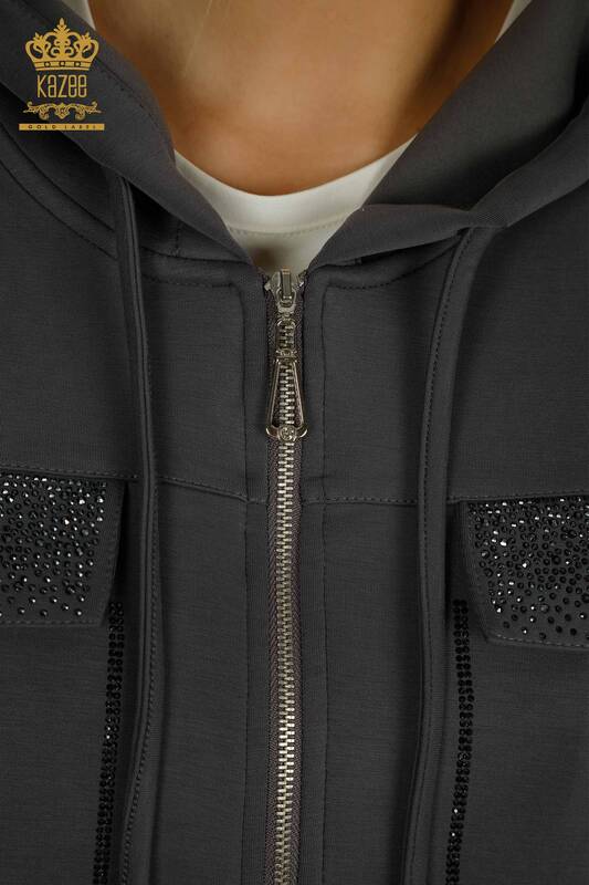Wholesale Women's Tracksuit Set Hooded Zipper Gray - 17618 | KAZEE