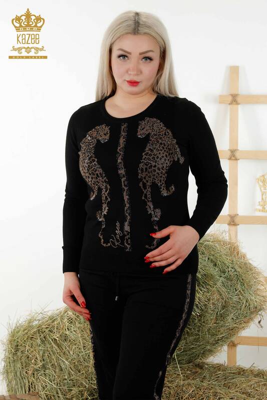 Wholesale Women's Tracksuit Set - Leopard Pattern - Black - 16521 | KAZEE