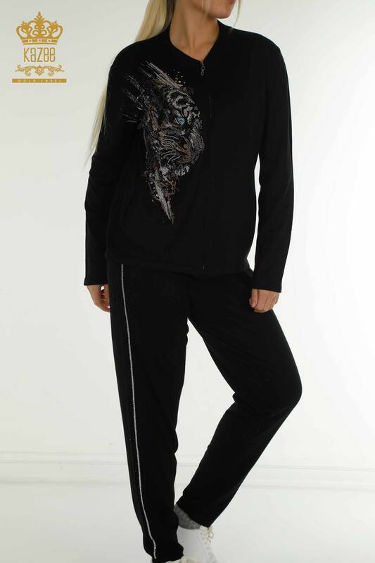 Wholesale Women's Tracksuit Set Black with Leopard Pattern - 16660 | KAZEE