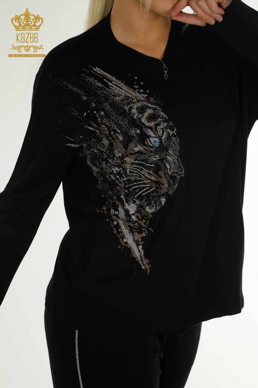 Wholesale Women's Tracksuit Set Black with Leopard Pattern - 16660 | KAZEE