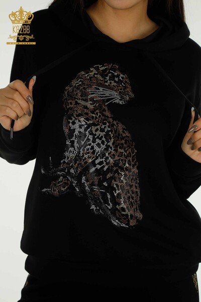 Wholesale Women's Tracksuit Set Black with Leopard Pattern - 17580 | KAZEE - Thumbnail