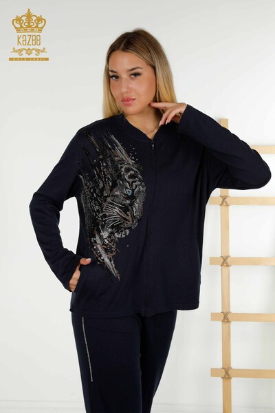 Wholesale Women's Tracksuit Set Navy Blue with Leopard Pattern - 16660 | KAZEE - Kazee (1)