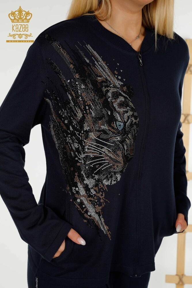 Wholesale Women's Tracksuit Set Navy Blue with Leopard Pattern - 16660 | KAZEE - 4