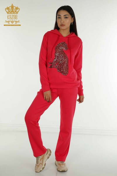 Wholesale Women's Tracksuit Set Leopard Patterned Fuchsia - 17580 | KAZEE - Kazee