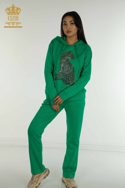 Wholesale Women's Tracksuit Set Green with Leopard Pattern - 17580 | KAZEE - Kazee