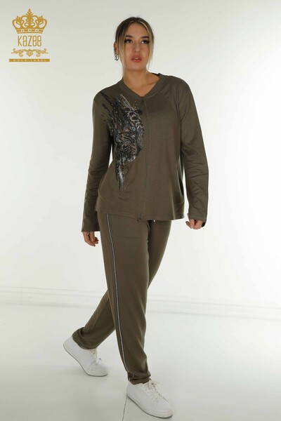 Kazee - Wholesale Women's Tracksuit Set, Leopard Patterned Khaki - 16660 | KAZEE