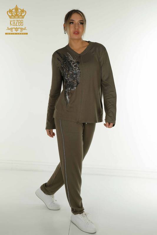 Wholesale Women's Tracksuit Set, Leopard Patterned Khaki - 16660 | KAZEE