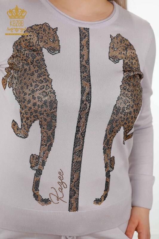 Wholesale Women's Tracksuit Set - Leopard Pattern - Lilac - 16521 | KAZEE