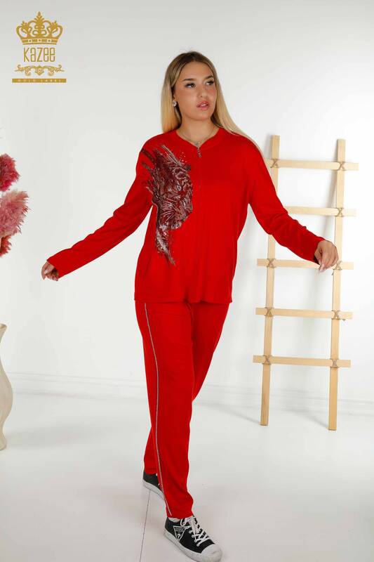 Wholesale Women's Tracksuit Set Red with Leopard Pattern - 16660 | KAZEE
