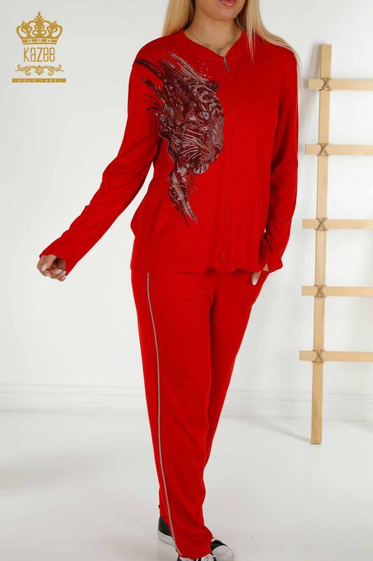 Wholesale Women's Tracksuit Set Red with Leopard Pattern - 16660 | KAZEE