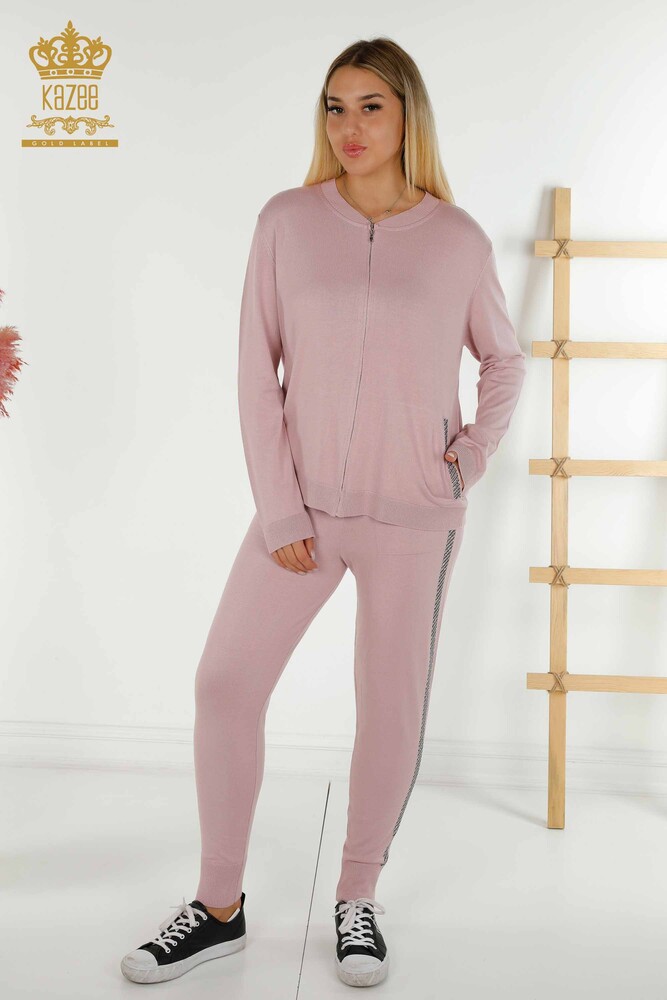 Wholesale Women's Tracksuit Set Pocket Zippered Powder - 16679 | KAZEE - 1