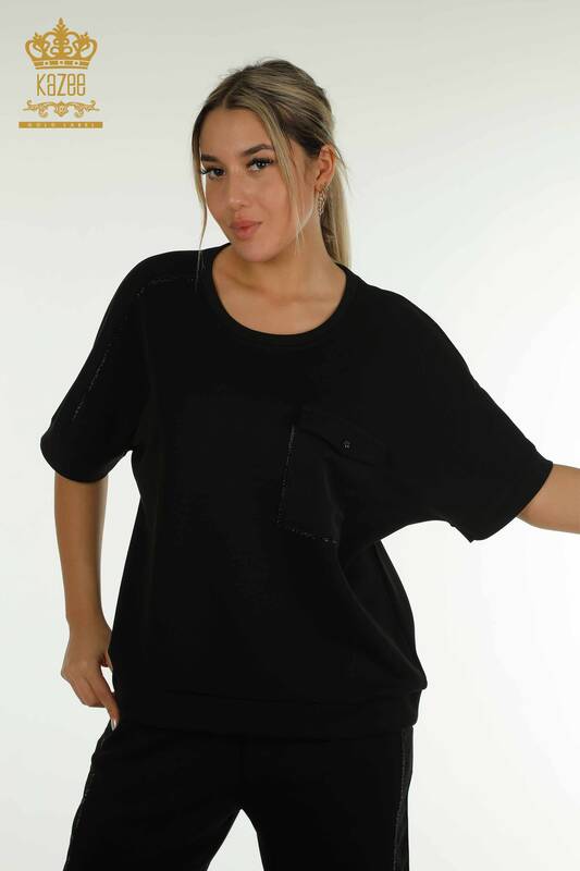 Wholesale Women's Tracksuit Set Short Sleeve Black - 17692 | KAZEE