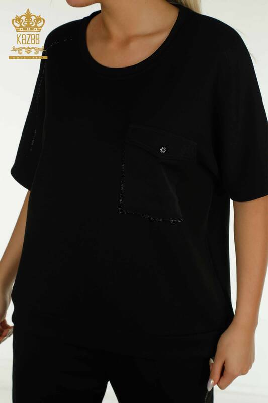 Wholesale Women's Tracksuit Set Short Sleeve Black - 17692 | KAZEE