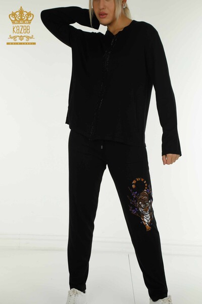 Wholesale Women's Tracksuit Set Black with Stone Embroidery - 16662 | KAZEE - Kazee (1)