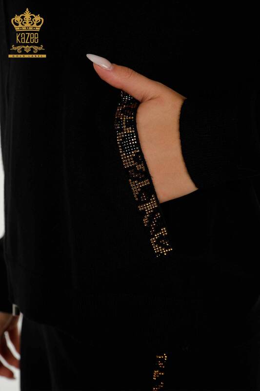 Wholesale Women's Tracksuit Set Black with Stone Embroidery - 16677 | KAZEE