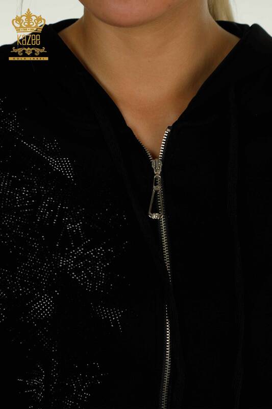 Wholesale Women's Tracksuit Set Black with Stone Embroidery - 17560 | KAZEE