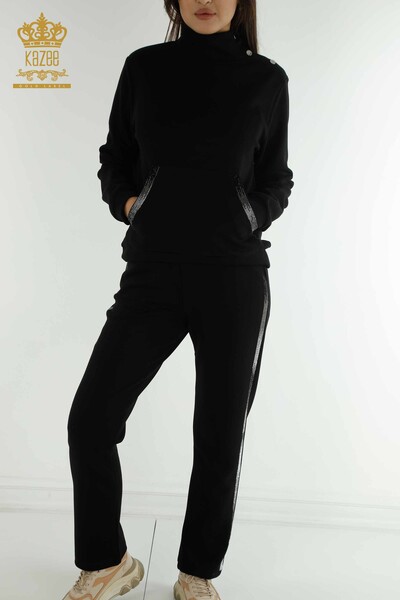 Wholesale Women's Tracksuit Set Black with Stone Embroidery - 17563 | KAZEE - 4