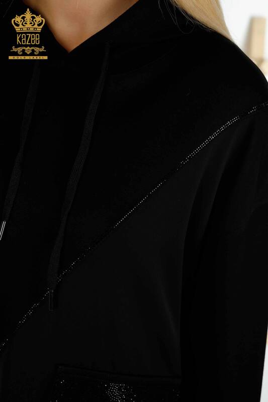 Wholesale Women's Tracksuit Set Black with Stone Embroidery - 17575 | KAZEE
