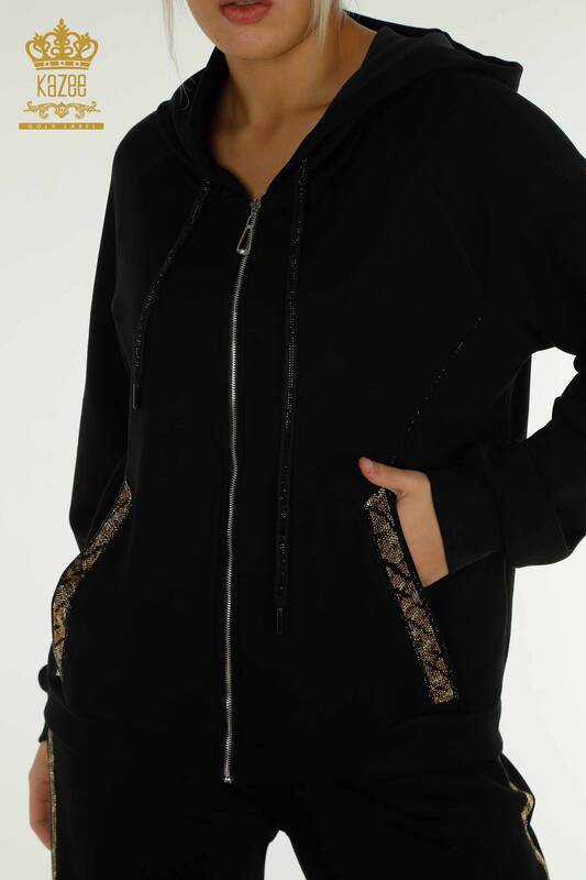 Wholesale Women's Tracksuit Set Black with Stone Embroidery - 17578 | KAZEE
