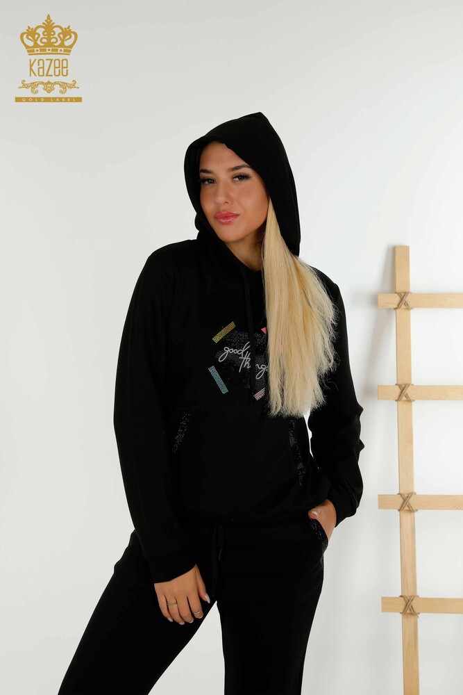 Wholesale Women's Tracksuit Set Black with Stone Embroidery - 17592 | KAZEE - 2