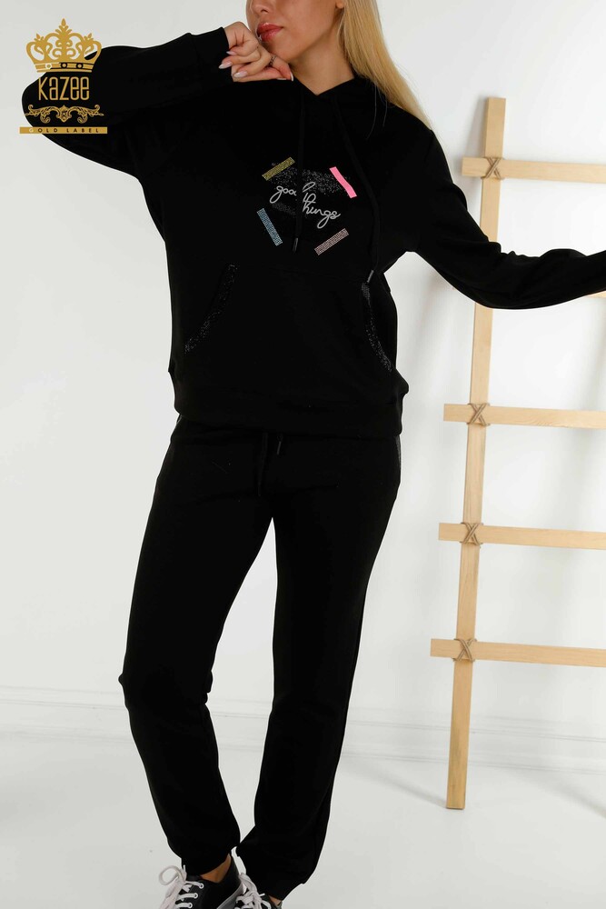 Wholesale Women's Tracksuit Set Black with Stone Embroidery - 17592 | KAZEE - 3