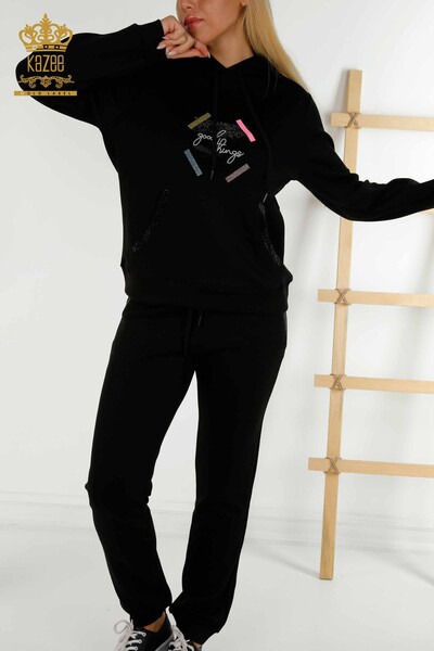 Wholesale Women's Tracksuit Set Black with Stone Embroidery - 17592 | KAZEE - 3