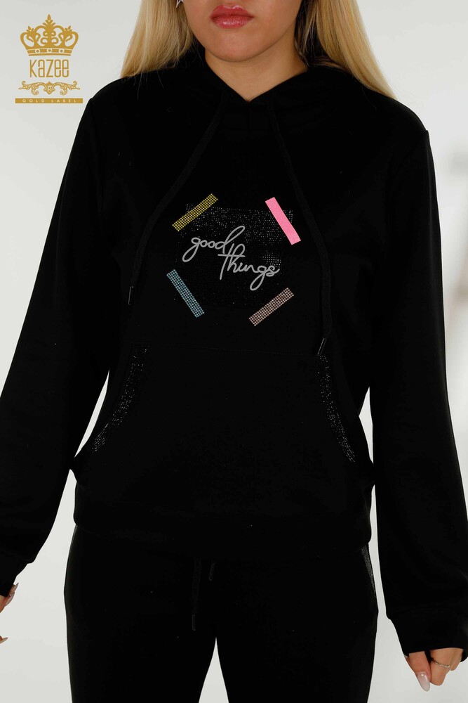 Wholesale Women's Tracksuit Set Black with Stone Embroidery - 17592 | KAZEE - 4