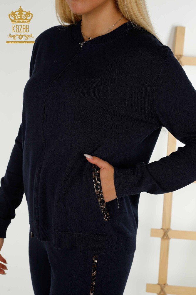 Wholesale Women's Tracksuit Set Stone Embroidered Navy Blue - 16677 | KAZEE - 3