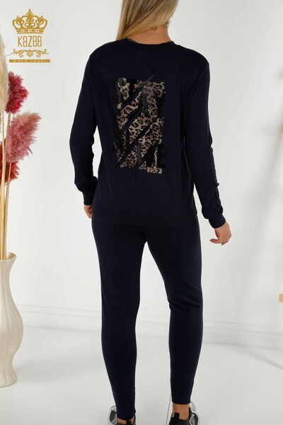 Wholesale Women's Tracksuit Set Stone Embroidered Navy Blue - 16677 | KAZEE - 9