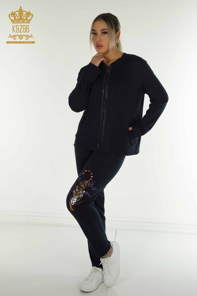 Wholesale Women's Tracksuit Set Stone Embroidered Navy Blue - 16662 | KAZEE - Kazee