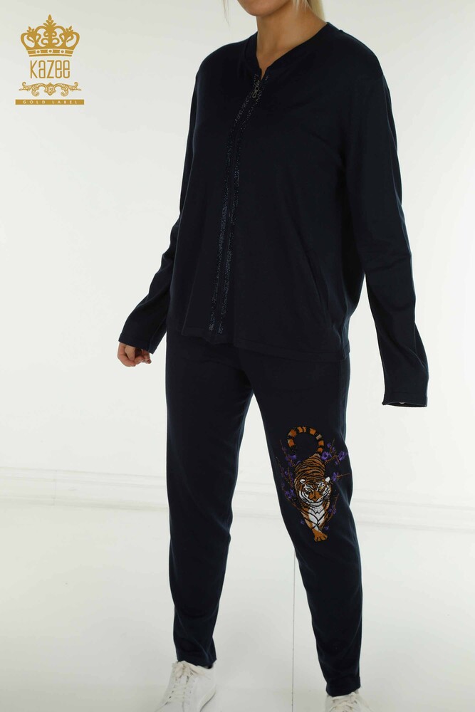Wholesale Women's Tracksuit Set Stone Embroidered Navy Blue - 16662 | KAZEE - 3