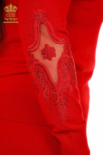 Wholesale Women's Tracksuit Set Stone Embroidered Red - 16569 | KAZEE - Thumbnail