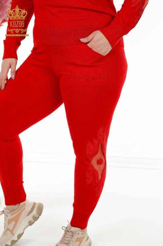 Wholesale Women's Tracksuit Set Stone Embroidered Red - 16569 | KAZEE