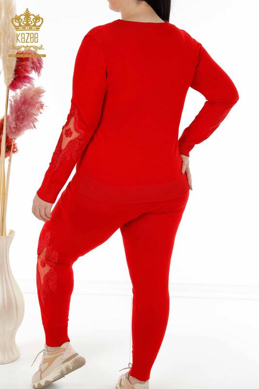 Wholesale Women's Tracksuit Set Stone Embroidered Red - 16569 | KAZEE