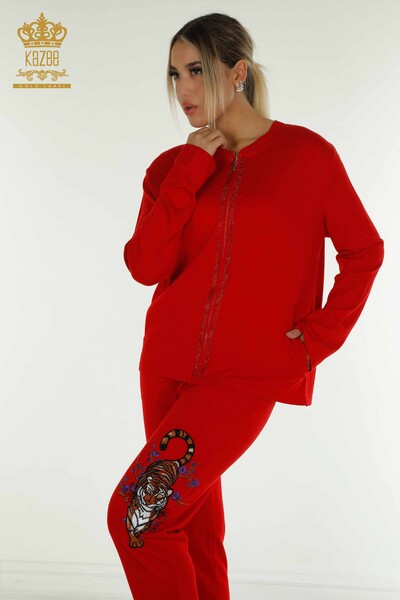 Wholesale Women's Tracksuit Set Red with Stone Embroidery - 16662 | KAZEE - Thumbnail