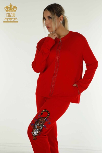 Wholesale Women's Tracksuit Set Red with Stone Embroidery - 16662 | KAZEE - Kazee (1)