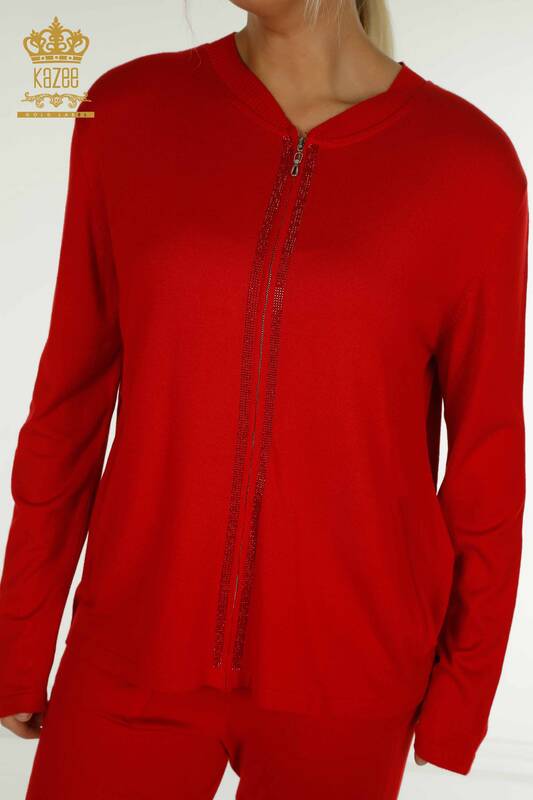 Wholesale Women's Tracksuit Set Red with Stone Embroidery - 16662 | KAZEE