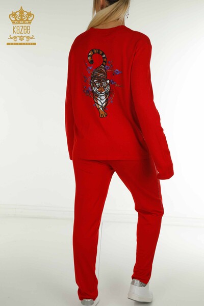 Wholesale Women's Tracksuit Set Red with Stone Embroidery - 16662 | KAZEE - Thumbnail