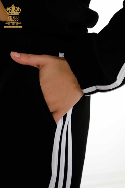 Wholesale Women's Tracksuit Set Striped Hooded Black and White - 17567 | KAZEE - Thumbnail