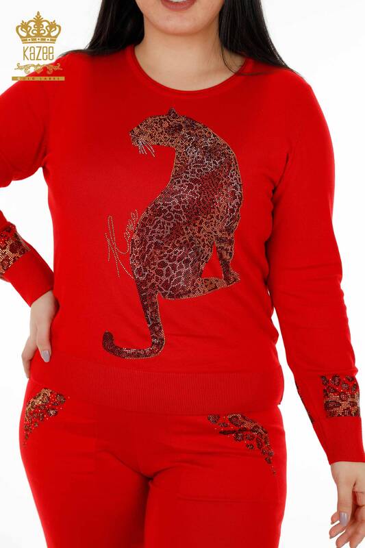 Wholesale Women's Tracksuit Set Tiger Pattern Red - 16523 | KAZEE