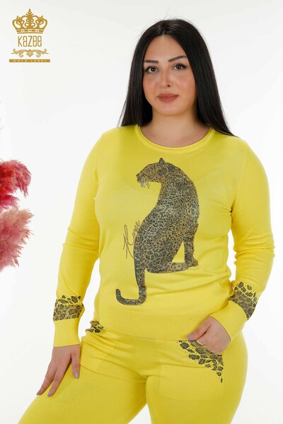 Wholesale Women's Tracksuit Set Tiger Pattern Yellow - 16523 | KAZEE - Thumbnail