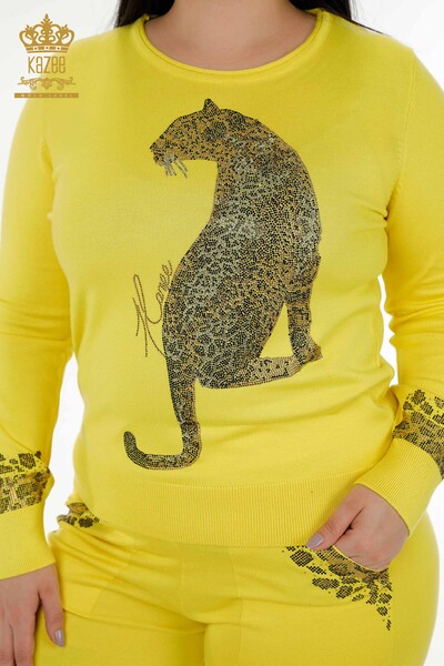 Wholesale Women's Tracksuit Set Tiger Pattern Yellow - 16523 | KAZEE - Thumbnail