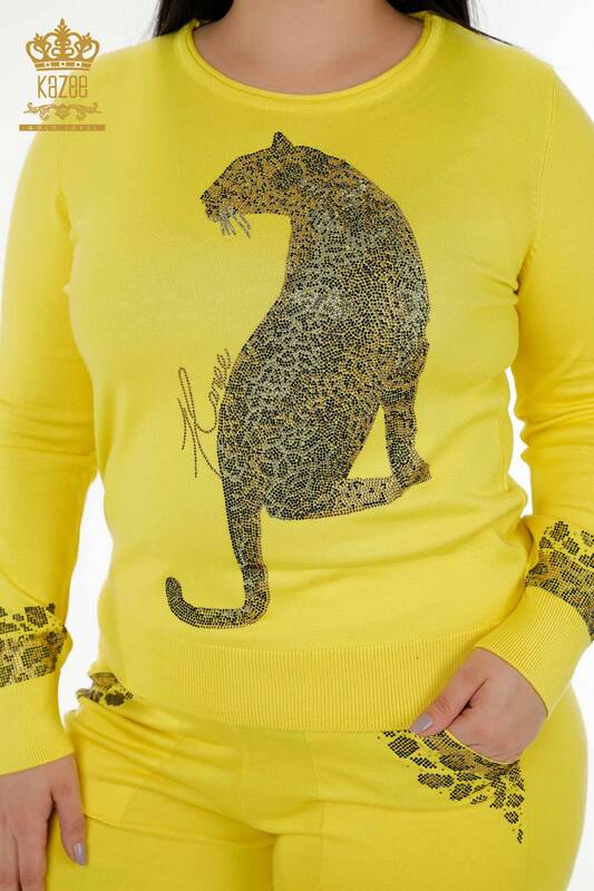 Wholesale Women's Tracksuit Set Tiger Pattern Yellow - 16523 | KAZEE