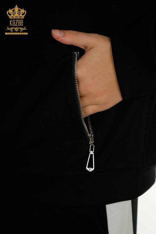 Wholesale Women's Tracksuit Set Two Colors Hooded Black Ecru - 17554 | KAZEE